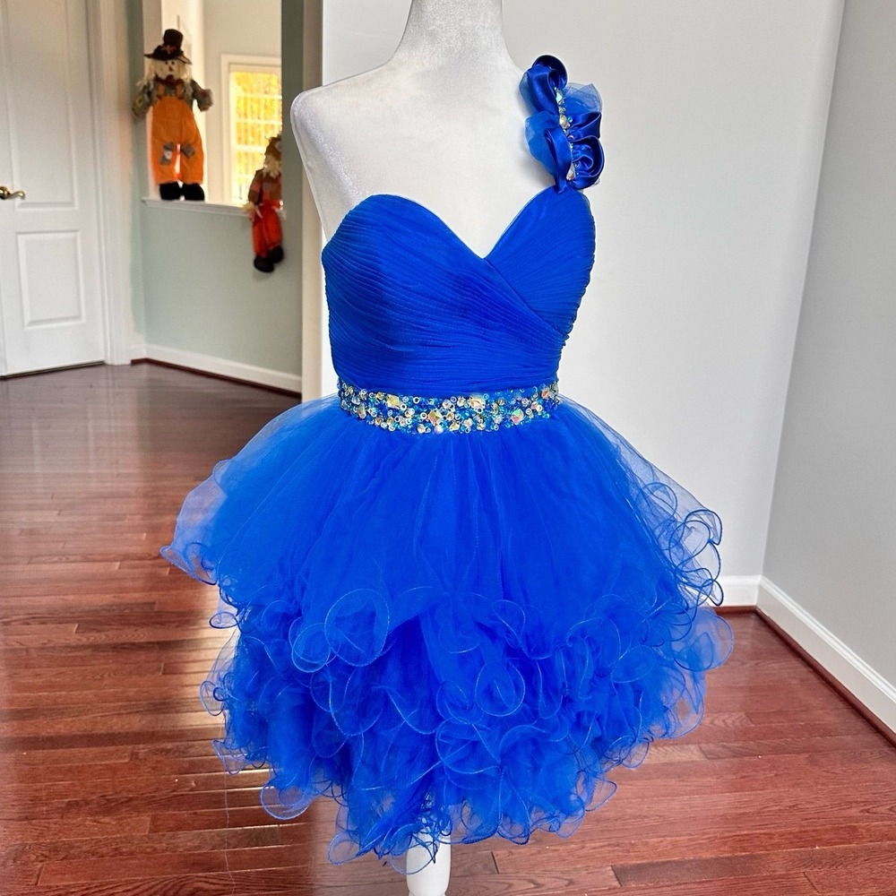 Vintage One Shoulder Fiesta Blue Cocktail Mini Dress Embellished Beaded Y2K
